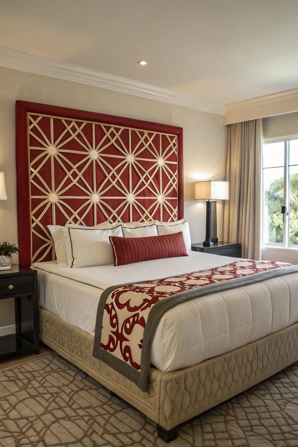 A statement headboard anchors the bedroom d&eacute;cor.