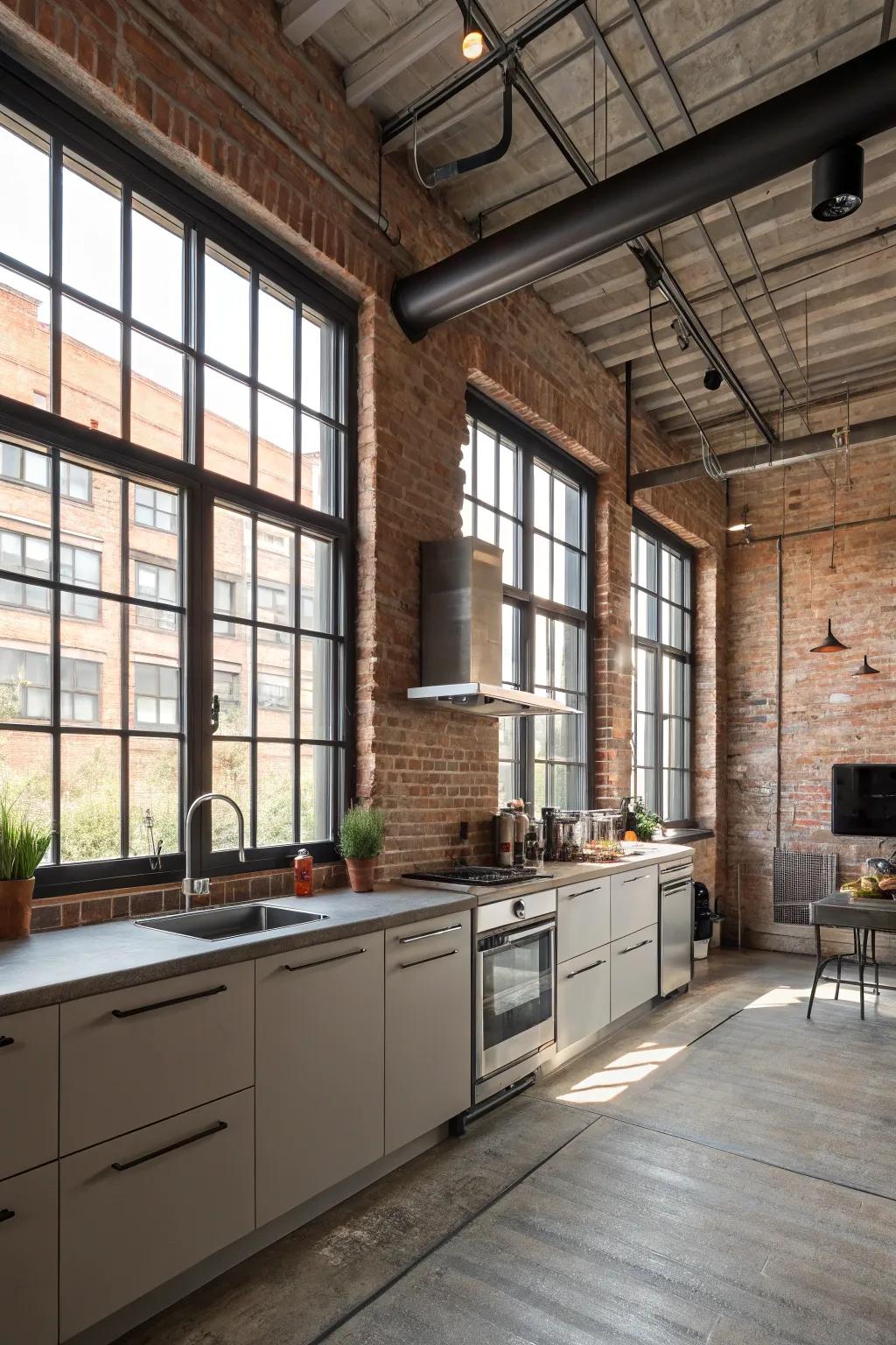 An urban refinement cooking area featuring metal-framed windows and a brick backsplash.
