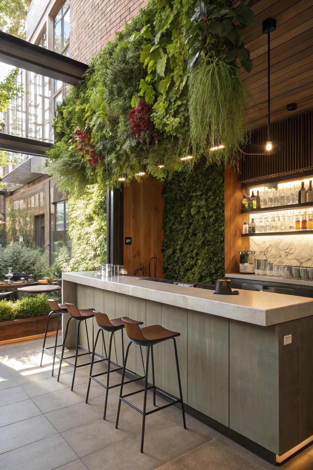 Vertical gardens add a fresh touch to your kitchen bar.