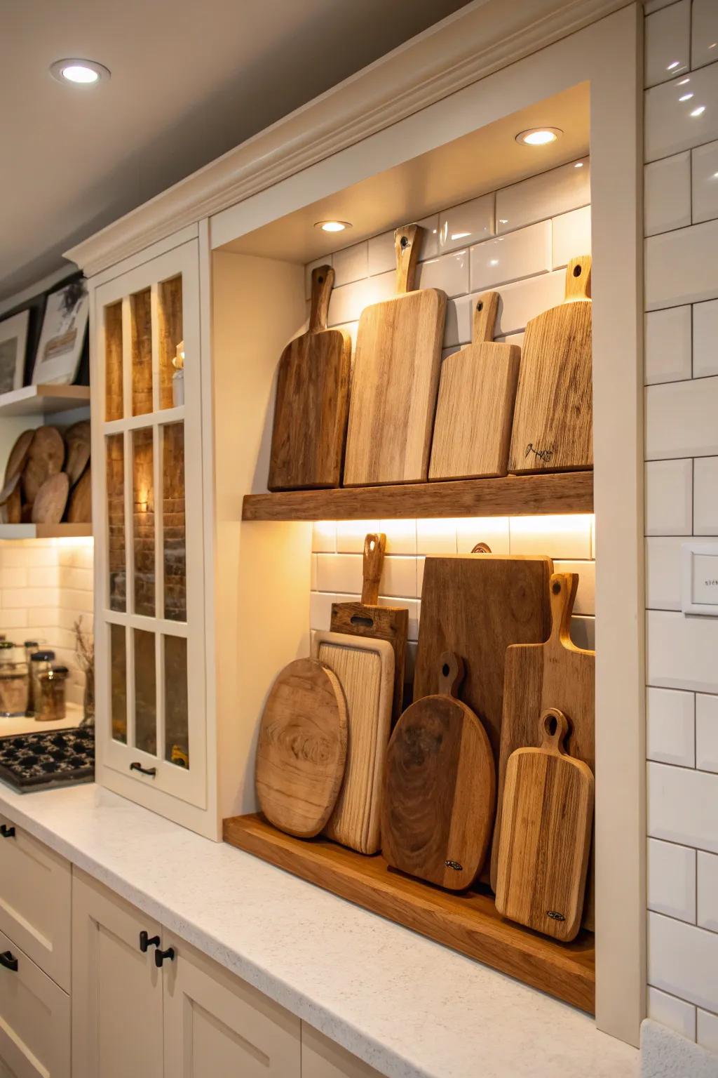 A wall recess becomes a unique showcase for chopping blocks.