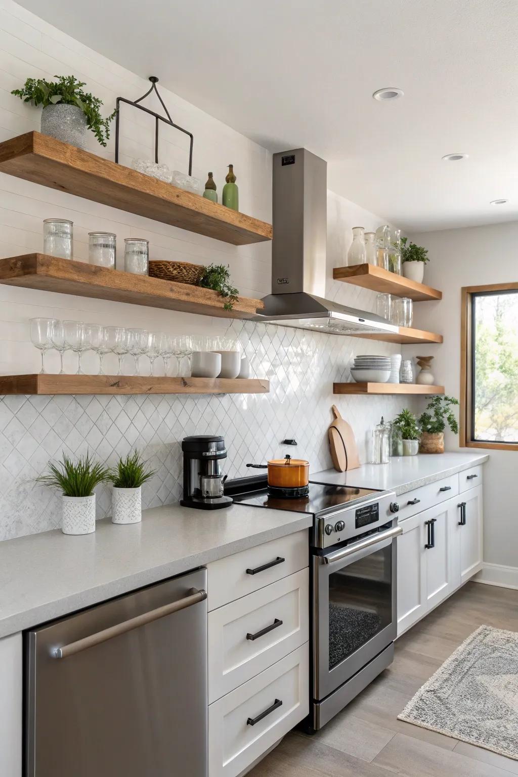 Suspended racks contribute streamlined and minimalist storage.
