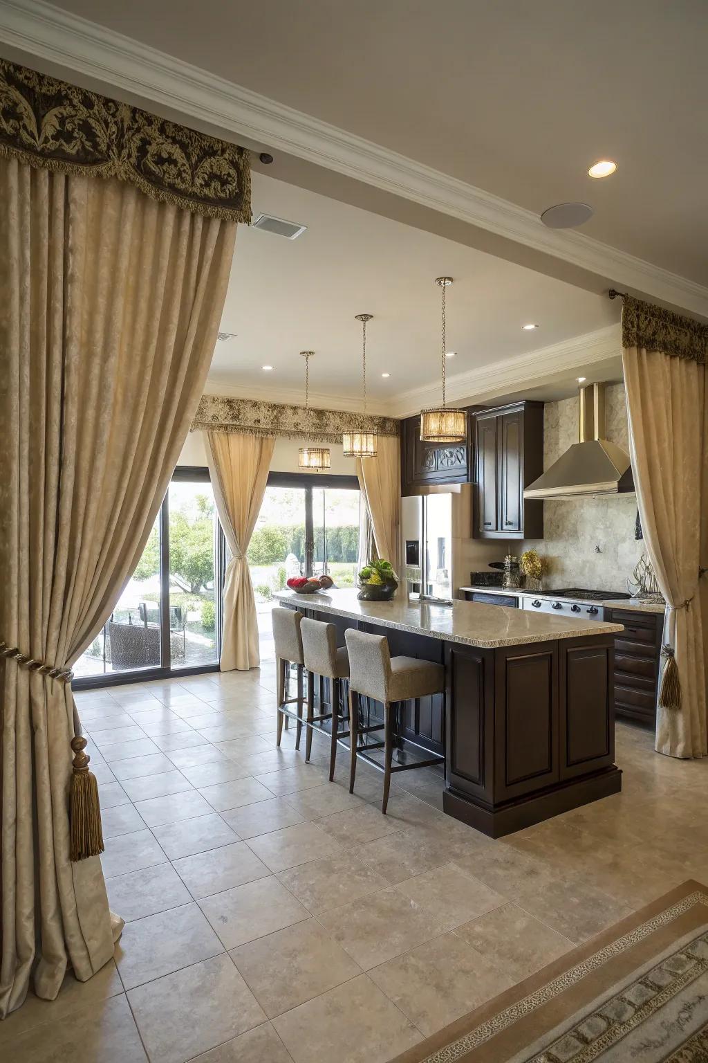 Extended-length window coverings bring beauty and drama to larger kitchens.