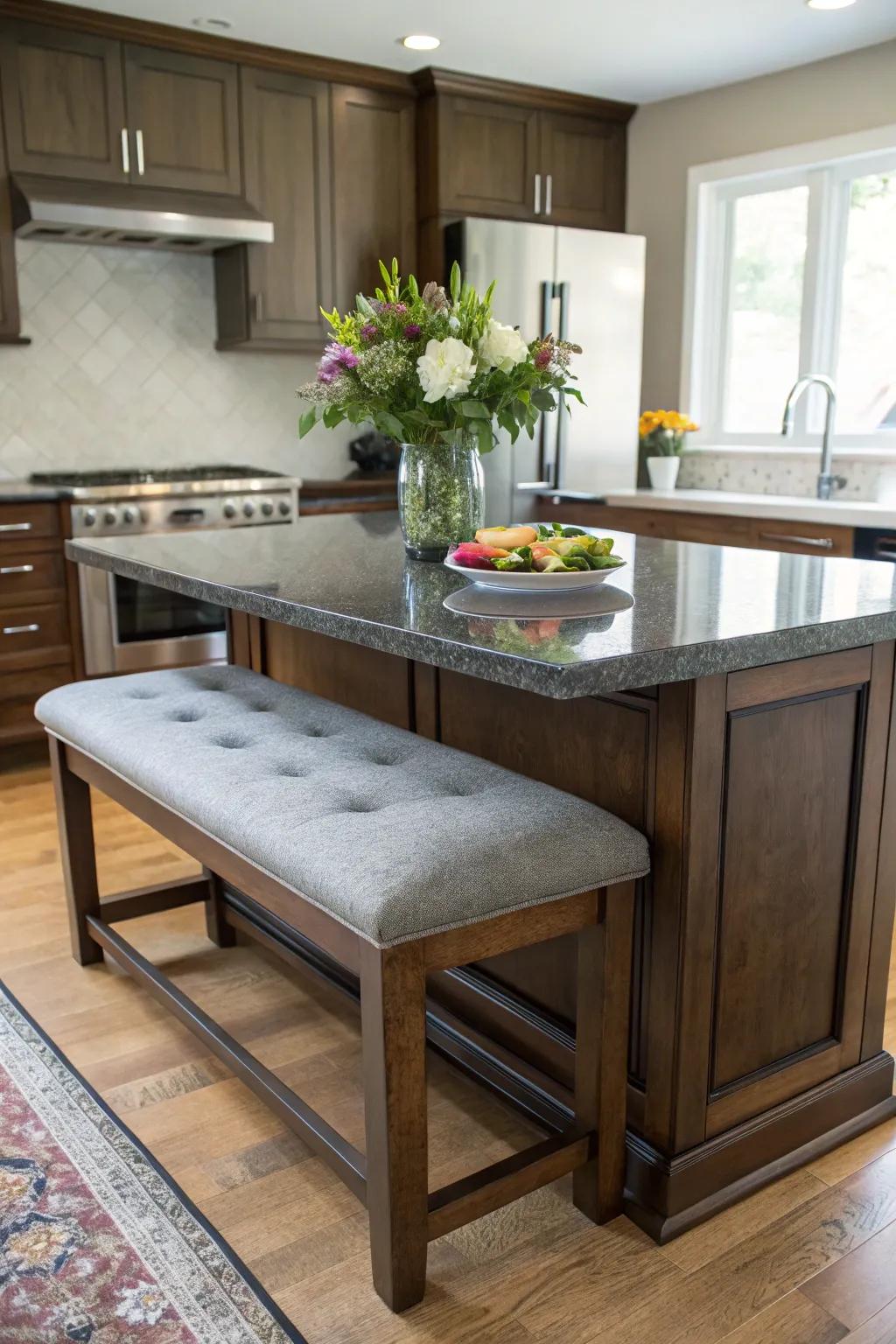 A bench offers relaxed seating for your kitchen island.
