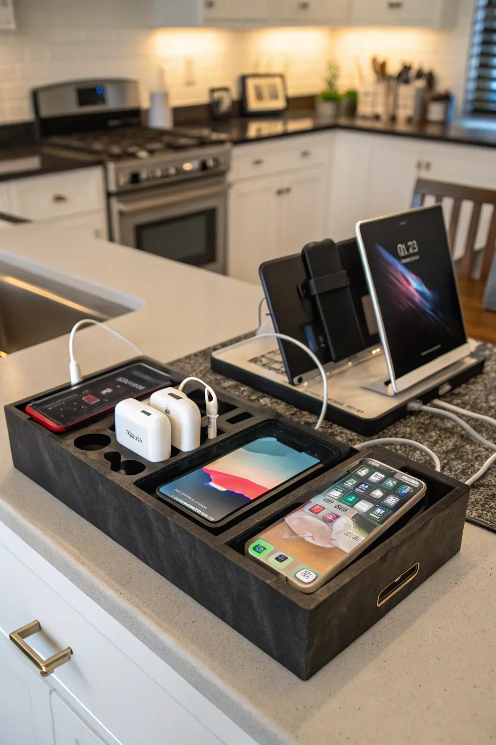 A charging station keeps the kitchen office tech-ready.