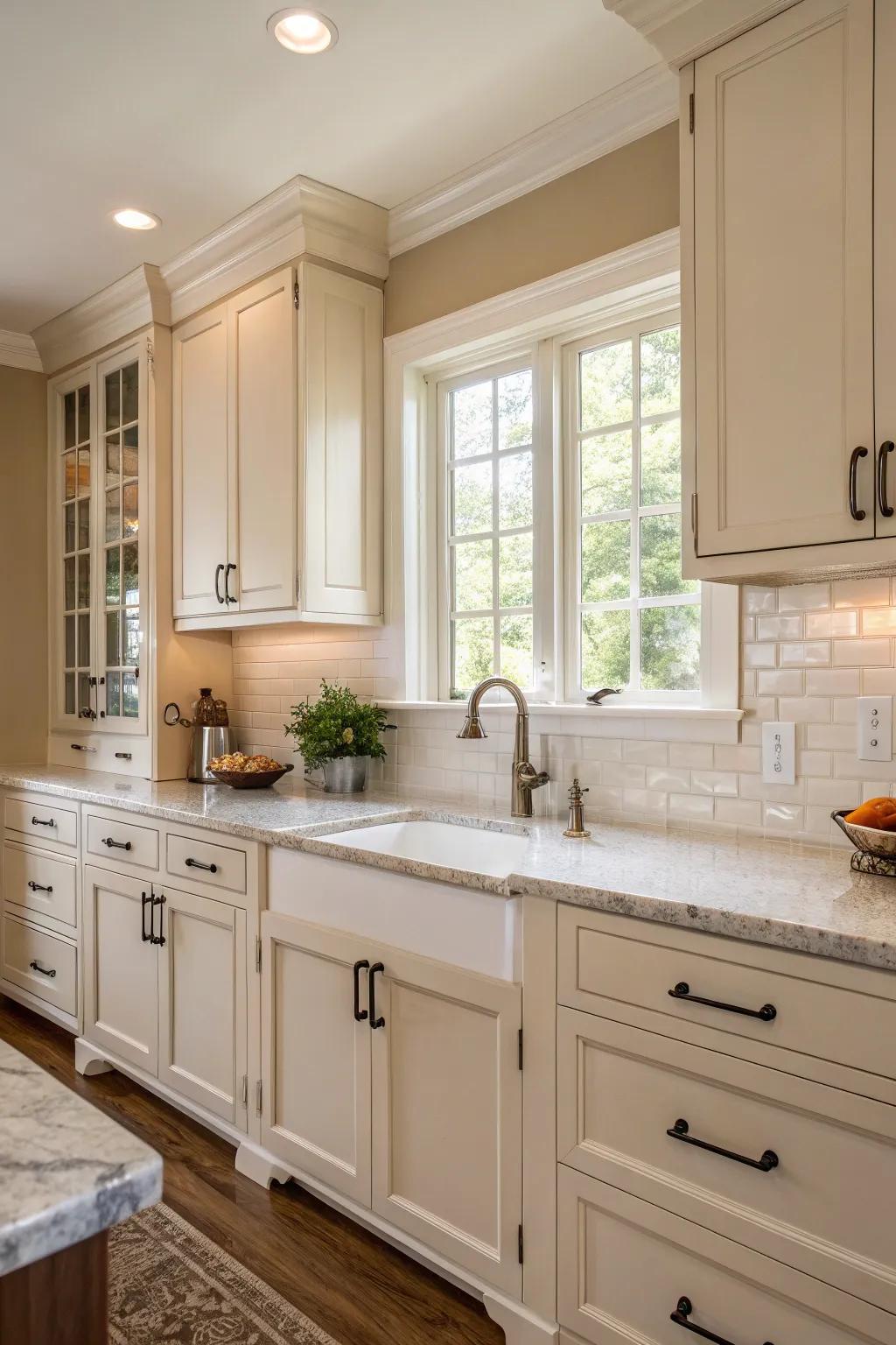 The simple and timeless background that cream walls provide is perfect for any cooking area.