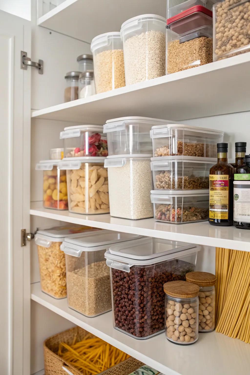Stackable bins enhance visibility and organization.