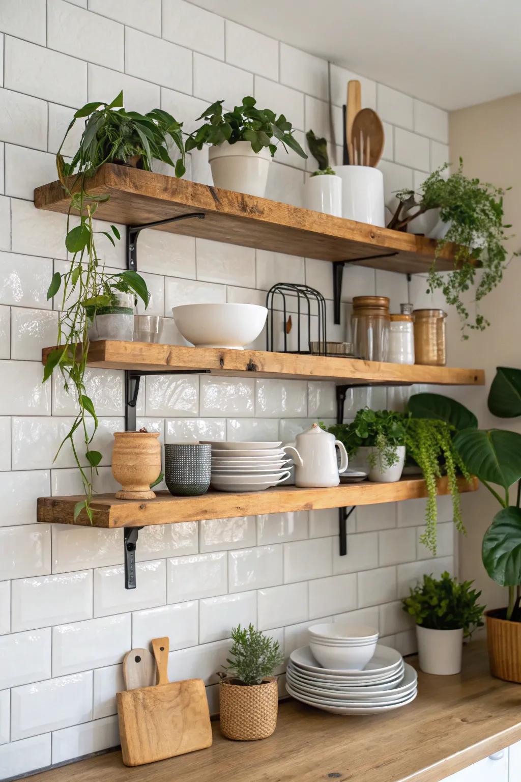 Natural edge hanging shelves introduce organic elegance to your kitchen space.