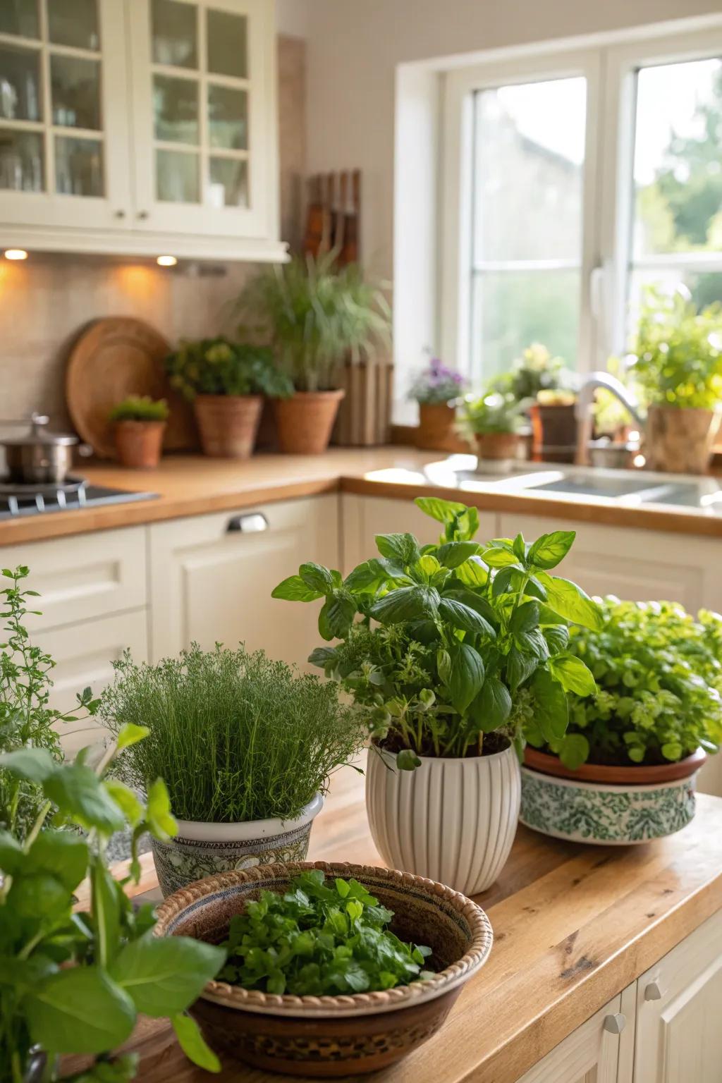 A kitchen enlivened with vibrant greenery and natural elements.