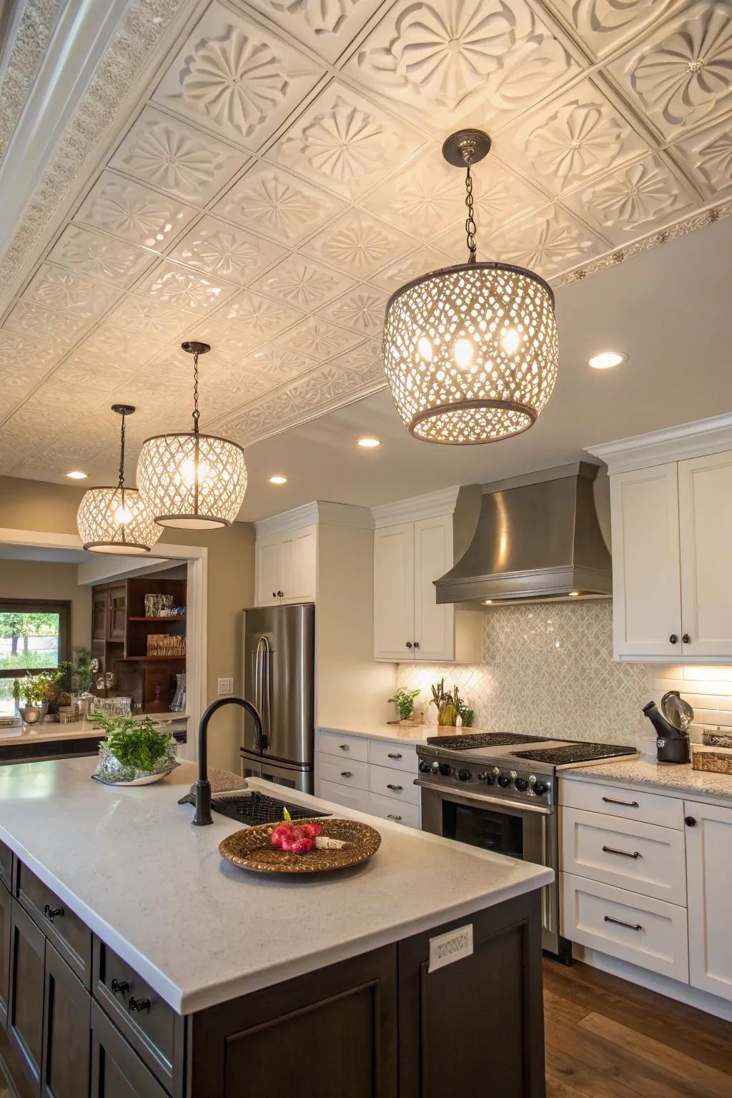 Textured fixtures give the kitchen's lighting a tactile dimension.