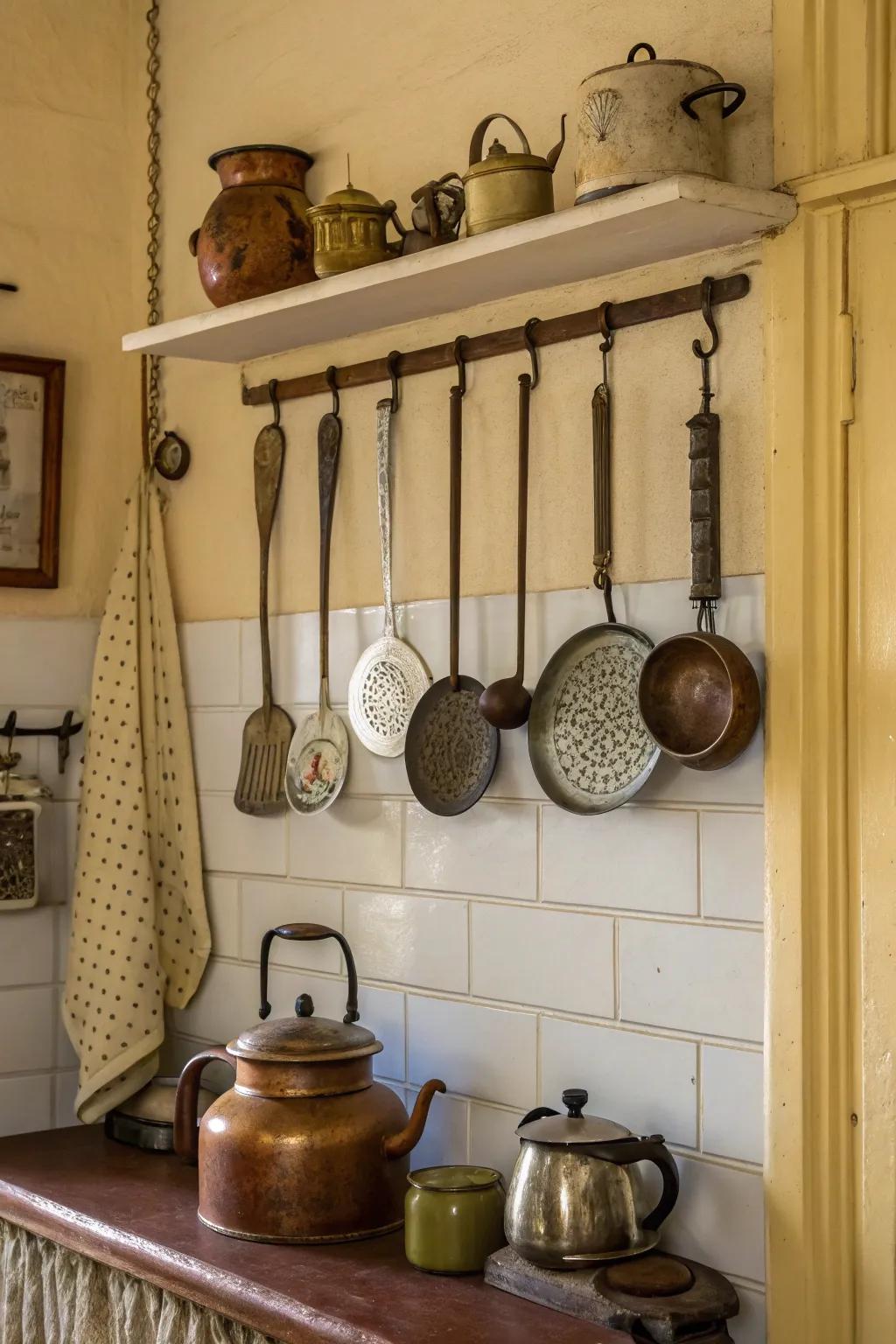 A kitchen wall featuring a charming display of timeless utensils.