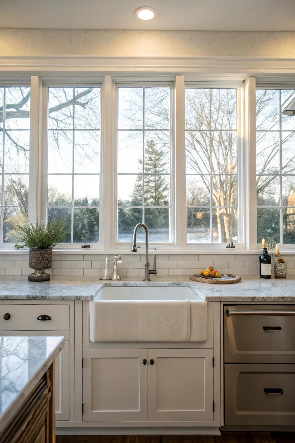 An avant-garde culinary space showcasing windows as the backsplash.