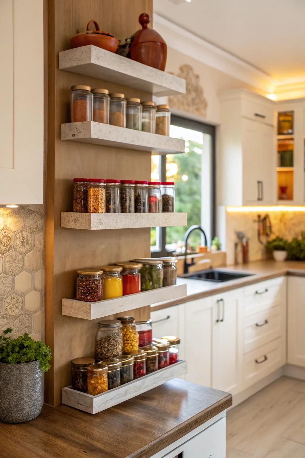 Angle shelves make efficient use of kitchen space.