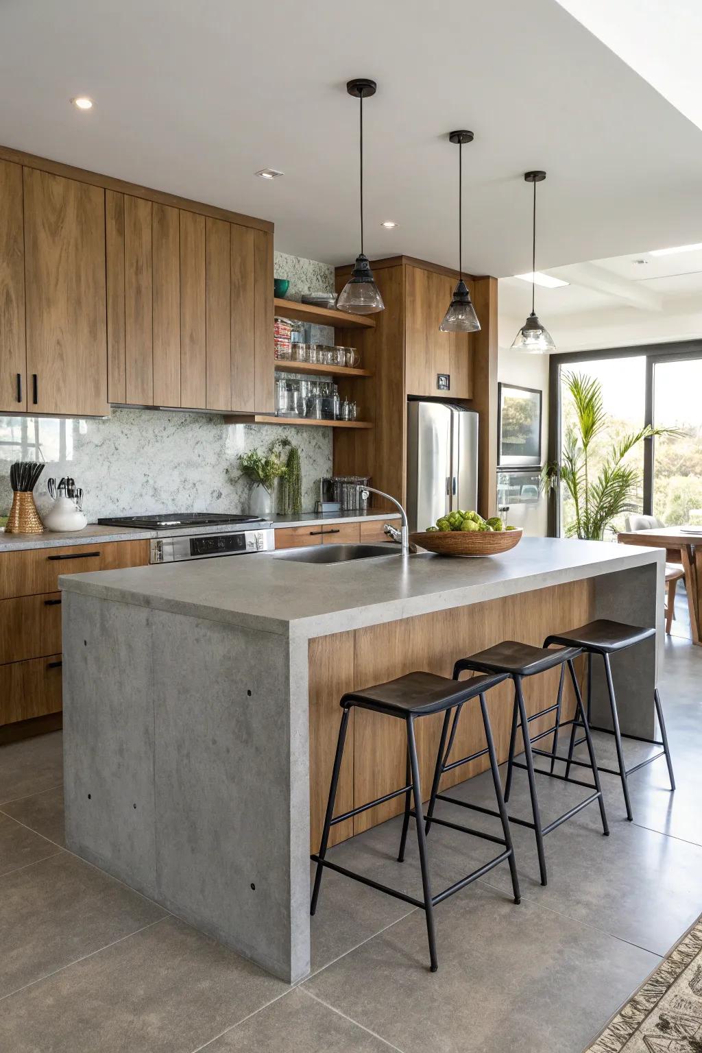 A kitchen design that features a central island with a striking concrete countertop.