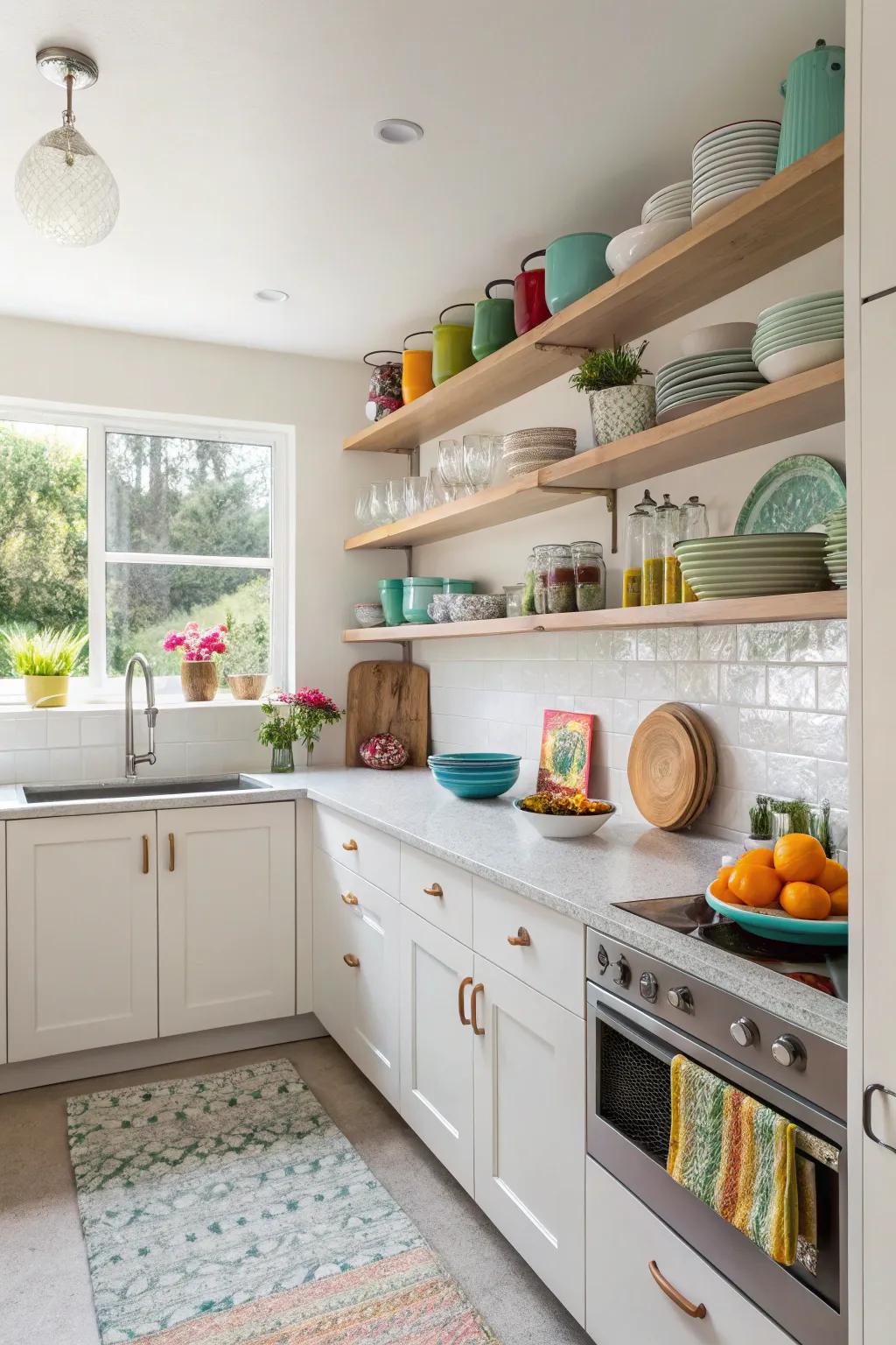 Your kitchen space benefits from open shelving in terms of charm and utility.