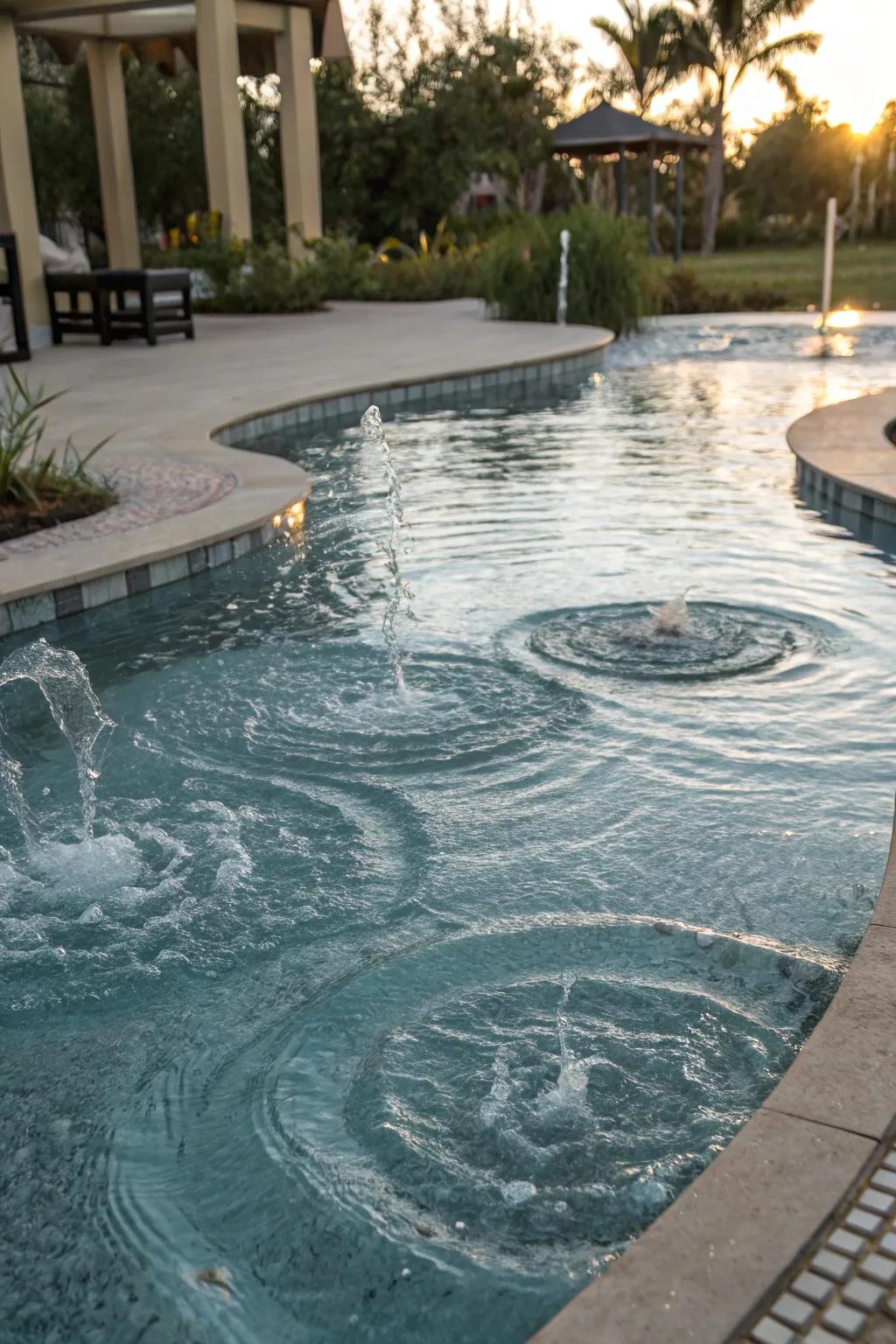 Gurgling elements contribute playfulness and sound to lagoon pools.