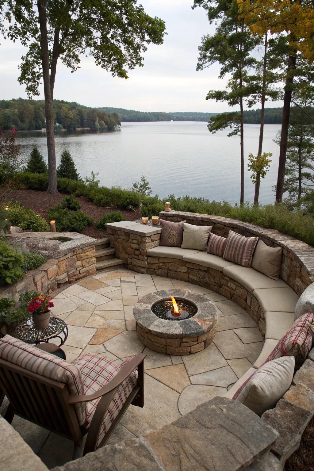 A sunken fire pit design delivers a secluded and intimate lakeside expanse.