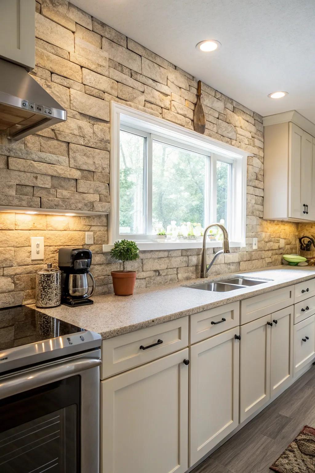 Natural stone-look laminate incorporates beauty into your kitchen.