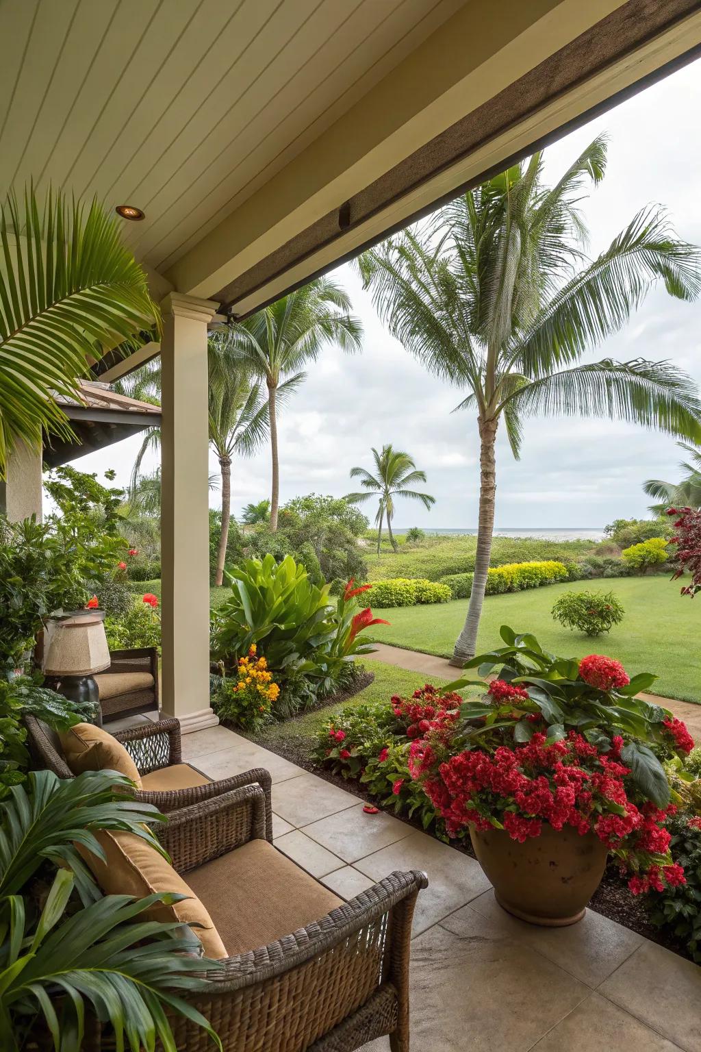Exotic flora conveys a vibrant, exotic sensation to this lanai.