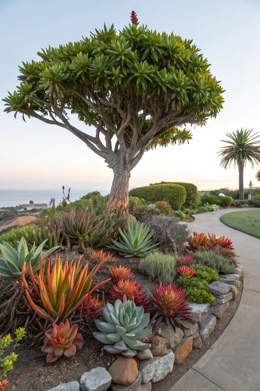 A succulent garden adds intriguing shapes and colors around trees.