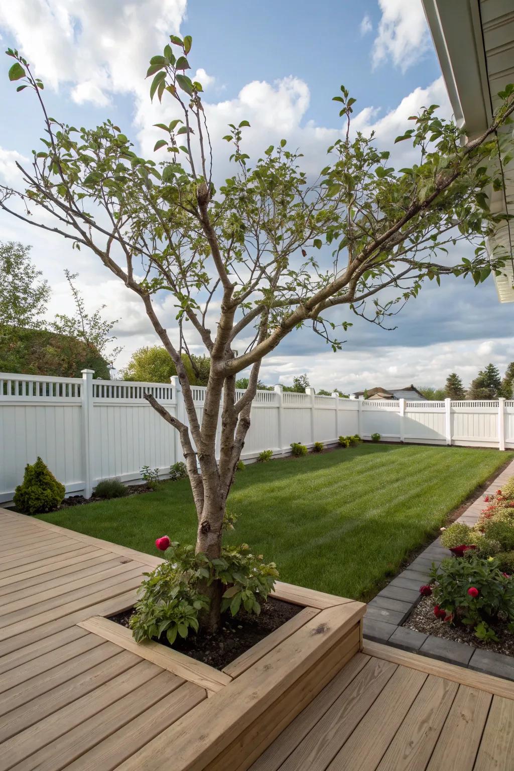 A tree integrated into a deck, offering a cozy outdoor living area.
