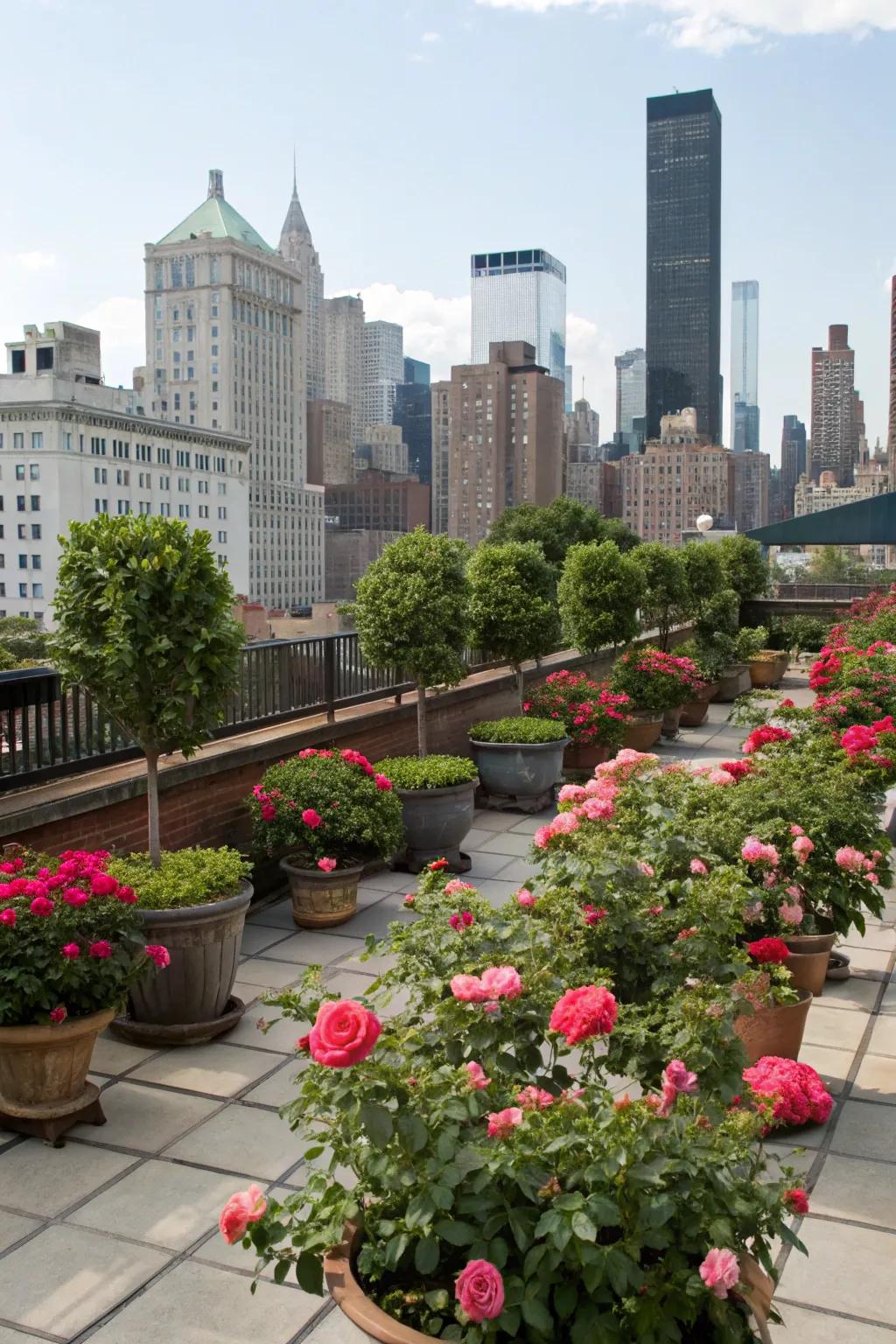 Radiant roses in containers transform rooftops into escapes.