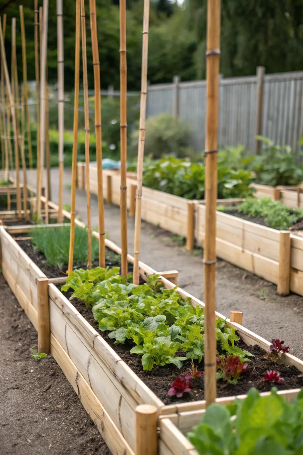 Bamboo is a good choice for raised beds because it's good for the earth and looks simple.