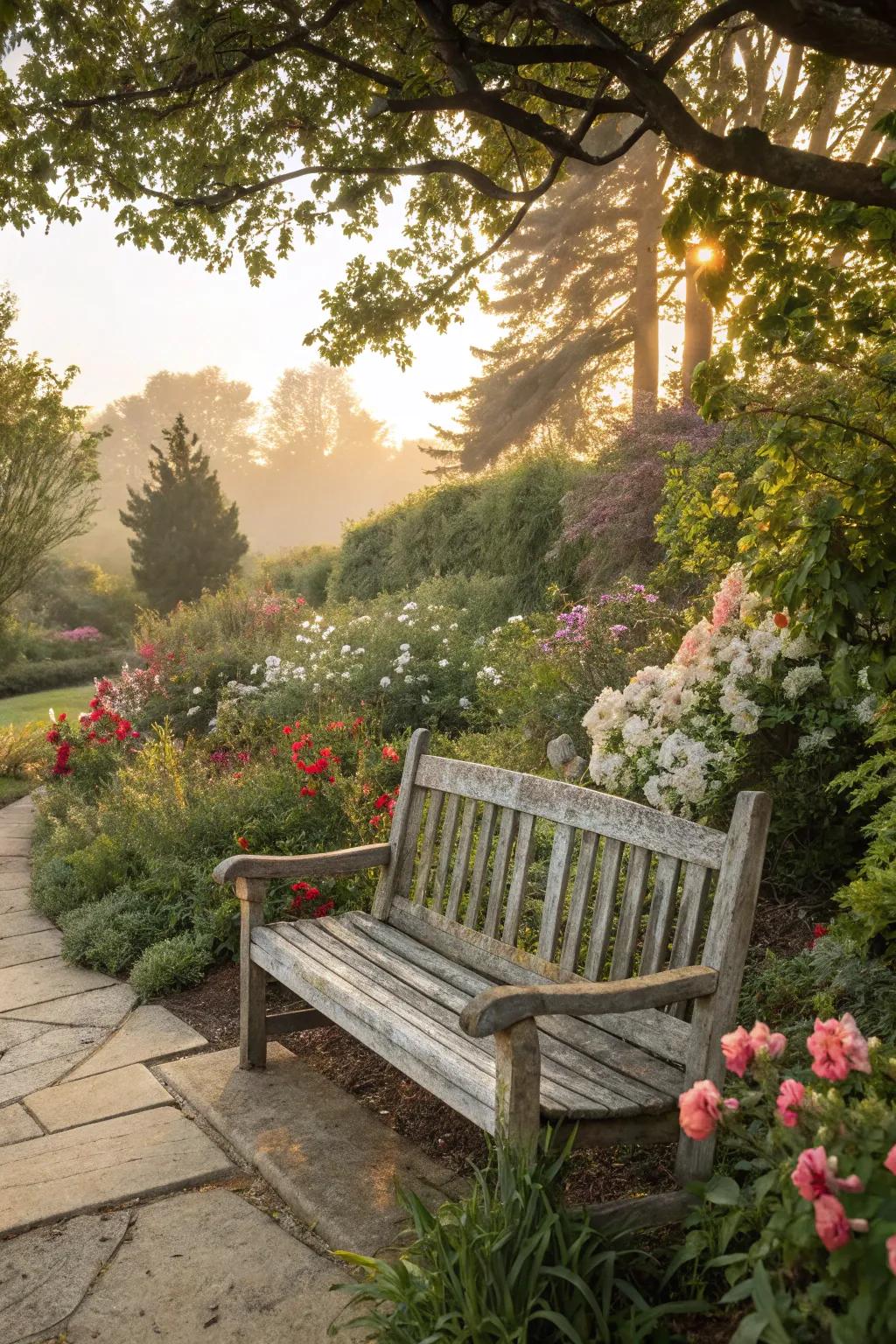 Timber sitting nooks invite relaxation within the garden.