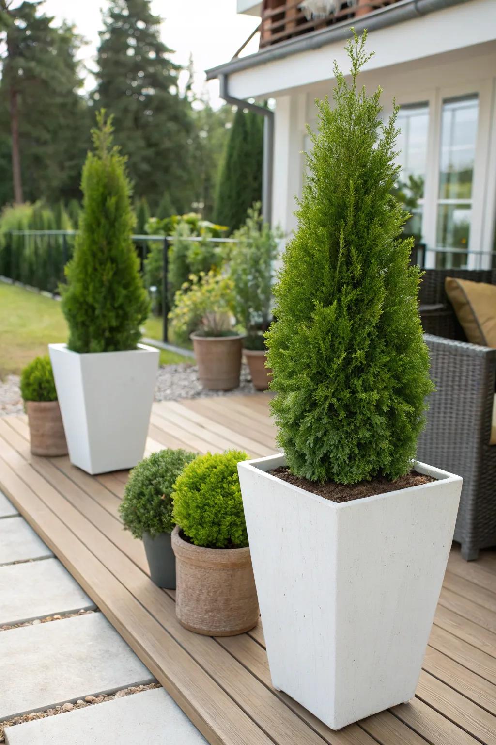 Receptacle-cultivated arborvitae furnish flexibility for every season.
