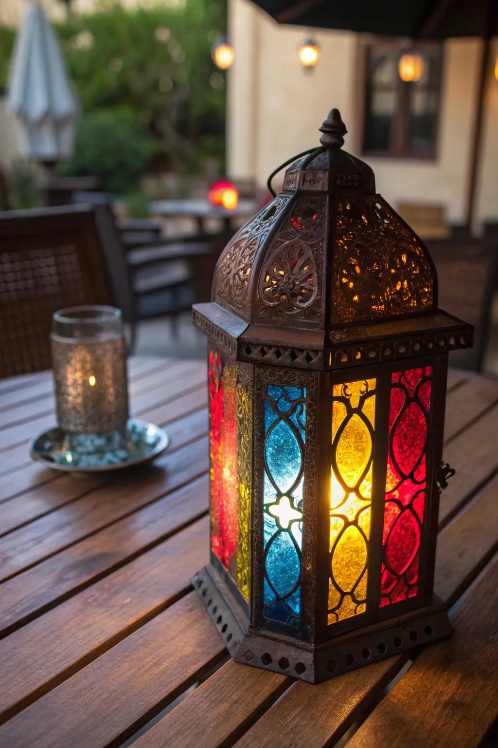 A lantern with mosaic glass creating a stained-glass effect.