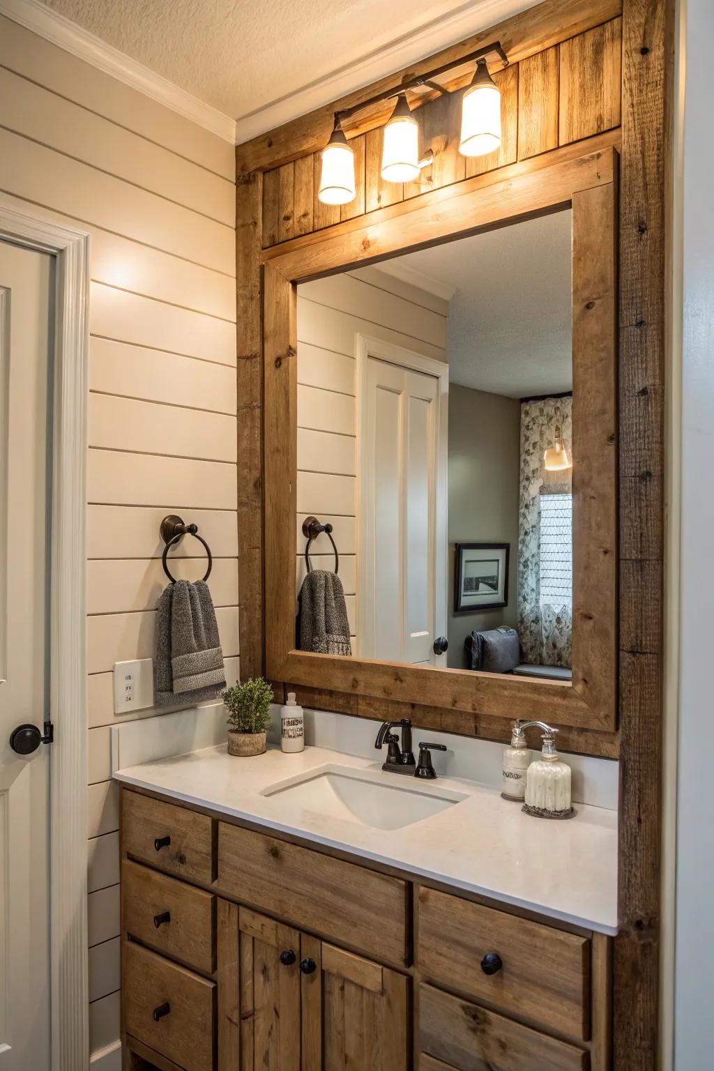 Clapboard adds warmth and farmhouse charm to bathroom reflectors.