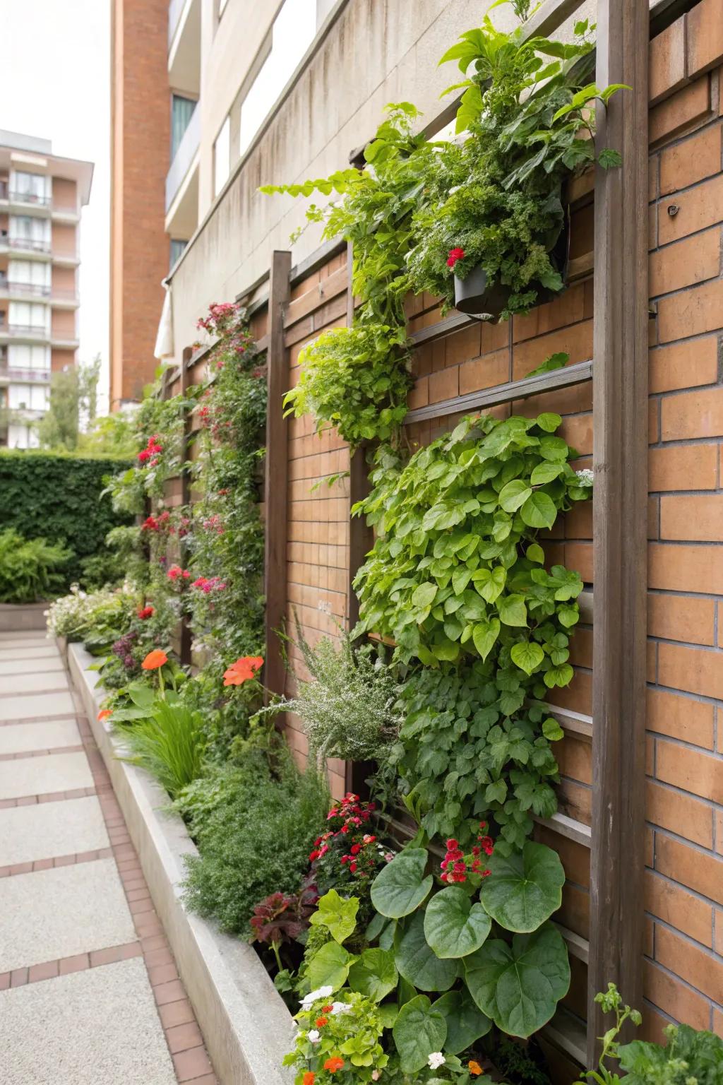 A vertical garden adds greenery and saves space.