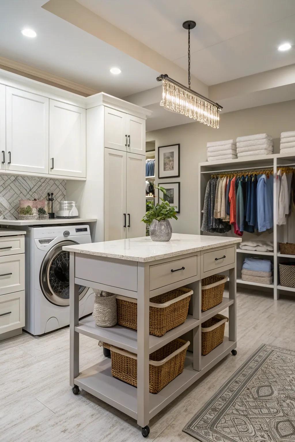 A functional folding island in a large laundry room.