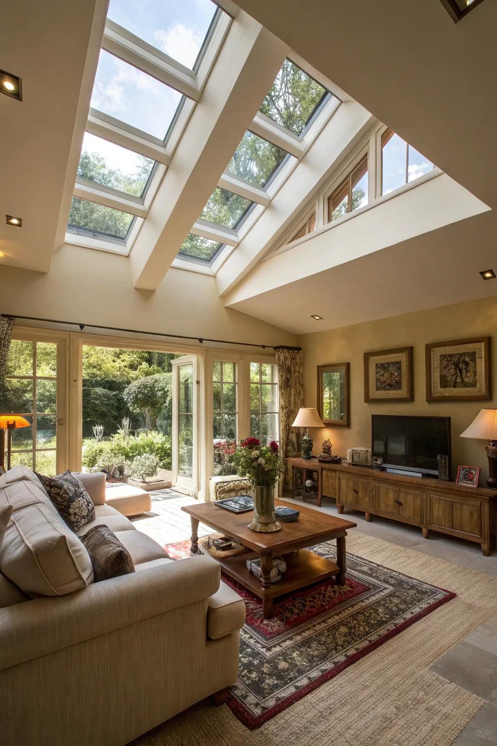 Skylights bringing uninterrupted sunlight into the living room.
