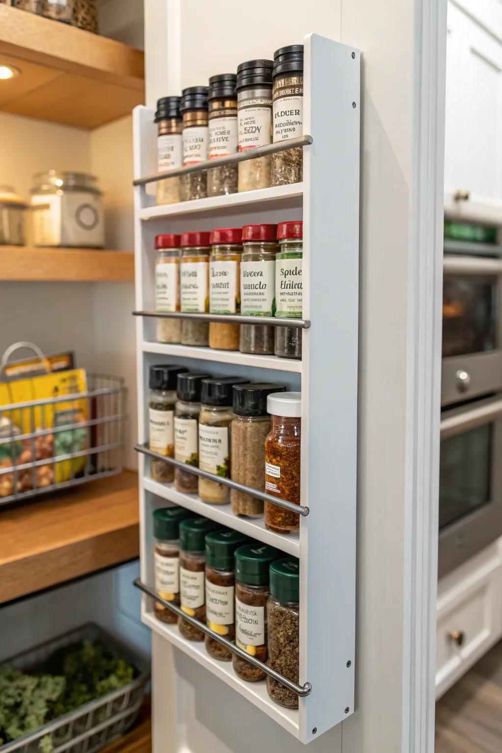A vertical seasoning rack keeps seasonings accessible.