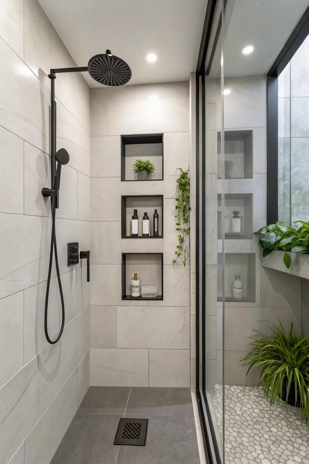 Concealed storage maintains a streamlined shower.