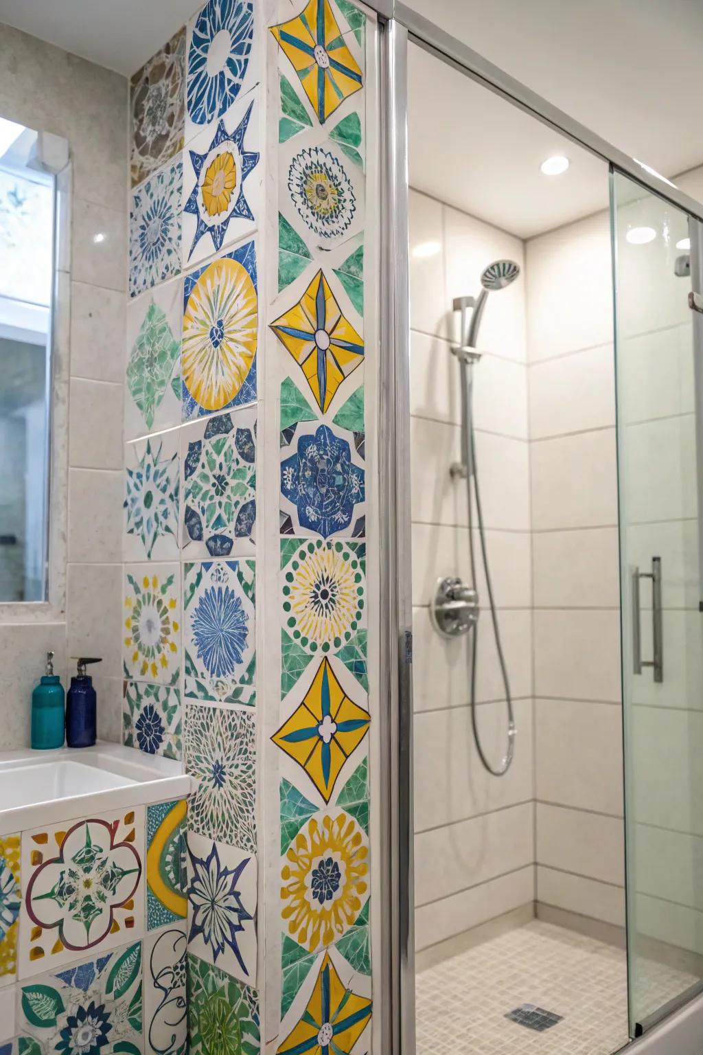 Mosaic tiles append hue and character to showers clad with expansive tiles.
