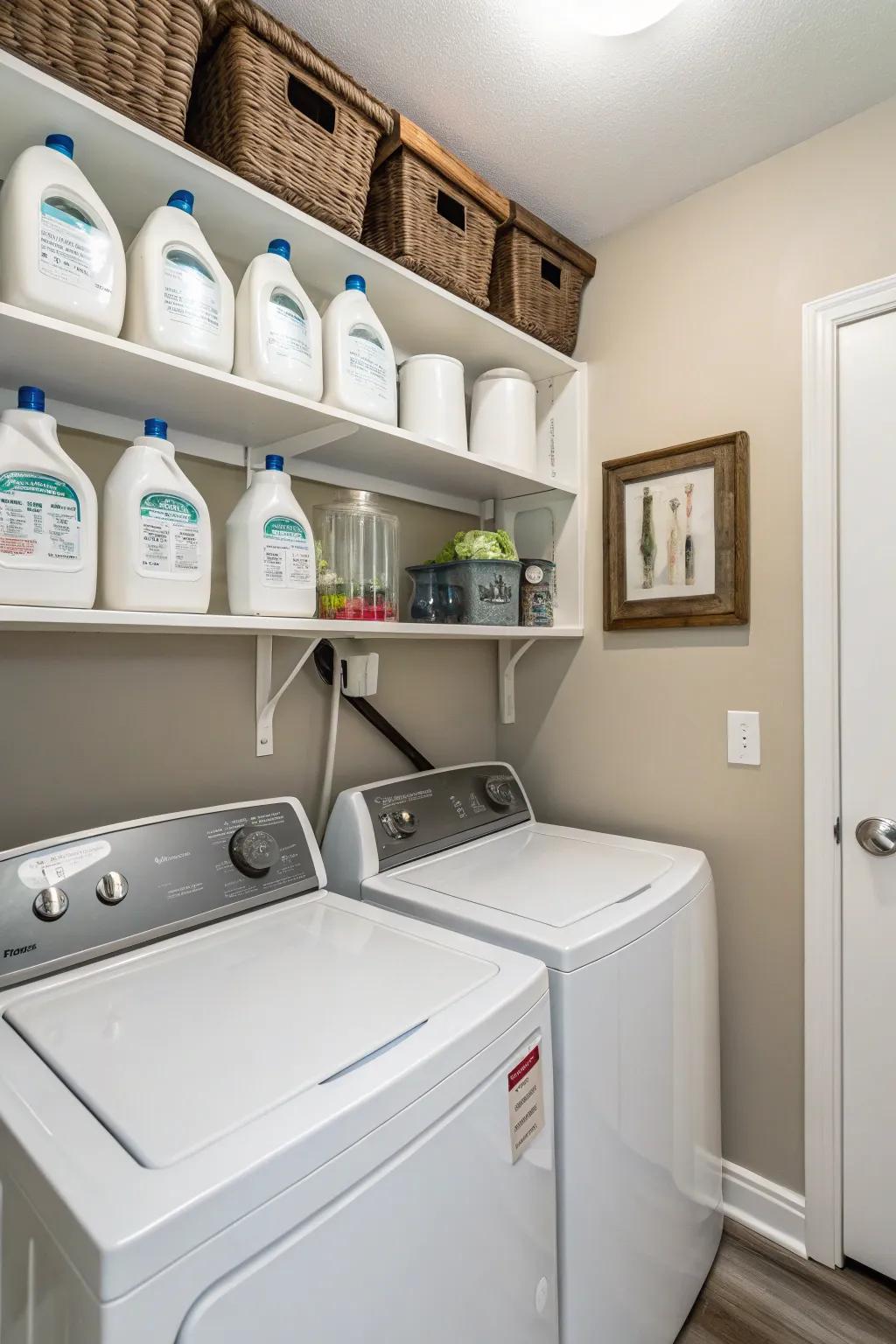 Wall-affixed dispensers maximize space in compact laundry rooms.