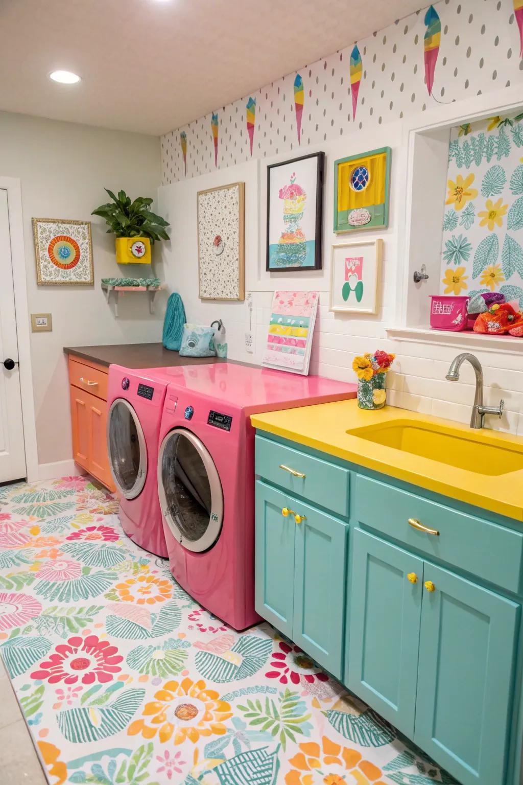 A laundry room that adds color with vibrant countertops.