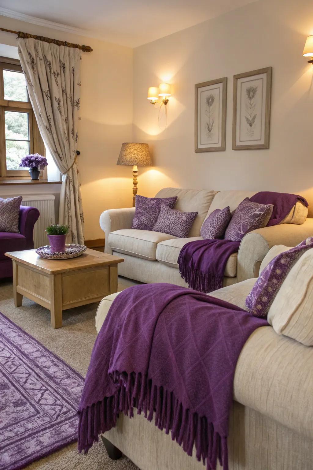 A cozy living area enhanced by plum throws and soft cushions for added texture.