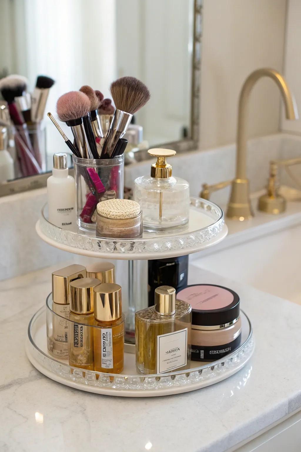 A vanity transformed with an organized spinning organizer.
