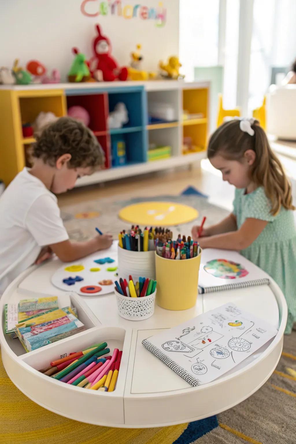A vibrant kids&rsquo; art space uses a <strong>lazy Susan</strong> to organize all necessary supplies.&rdquo; loading=&rdquo;lazy&rdquo; class=&rdquo;pimg&rdquo;>
	</picture><figcaption>A vibrant kids&rsquo; art space uses a <strong>lazy Susan</strong> to organize all necessary supplies.</figcaption></figure>
<p>In a kids&rsquo; play area, a <strong>lazy Susan</strong> is perfect for holding crayons, markers, and paper. It&rsquo;s a fun way to encourage creativity while keeping the space tidy.</p>
<h3>Might be a good match:</h3>
<ul class=