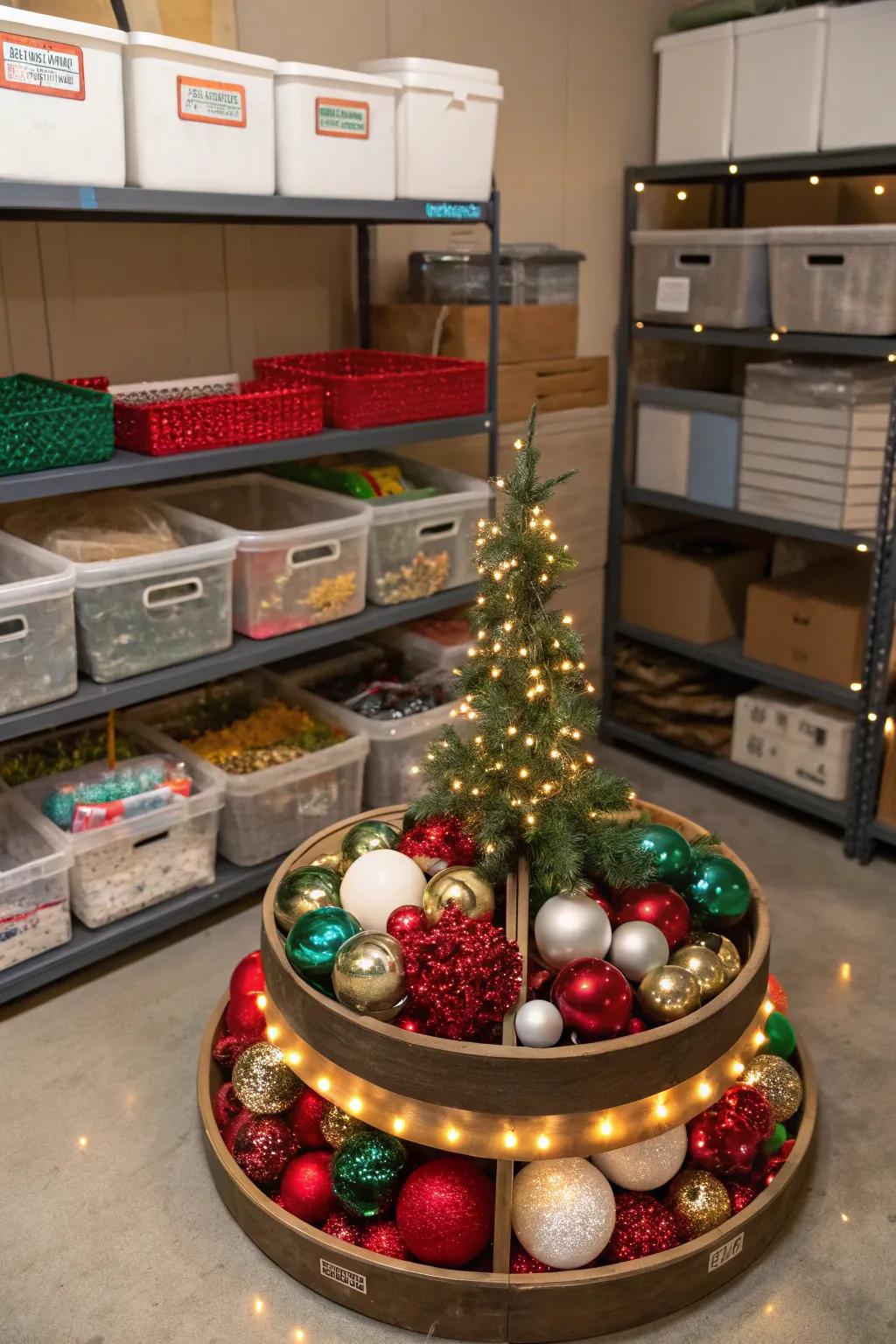 Arrange holiday decor effortlessly with a spinning organizer.