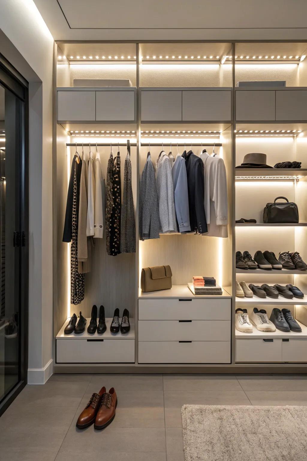 Illuminate your closet via utilitarian LED ribbons.
