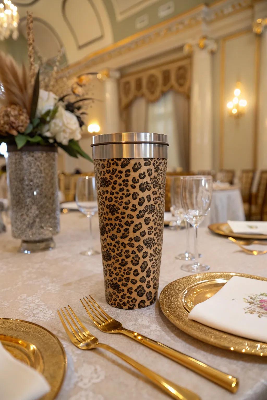 Jungle cat print meets luxury with metallic accents for a glamorous touch.
