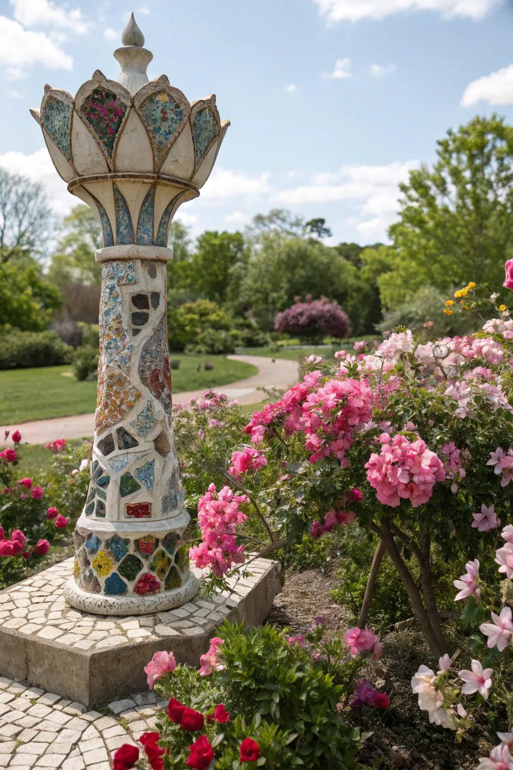 A garden artwork piece made from plates, celebrating transformation.