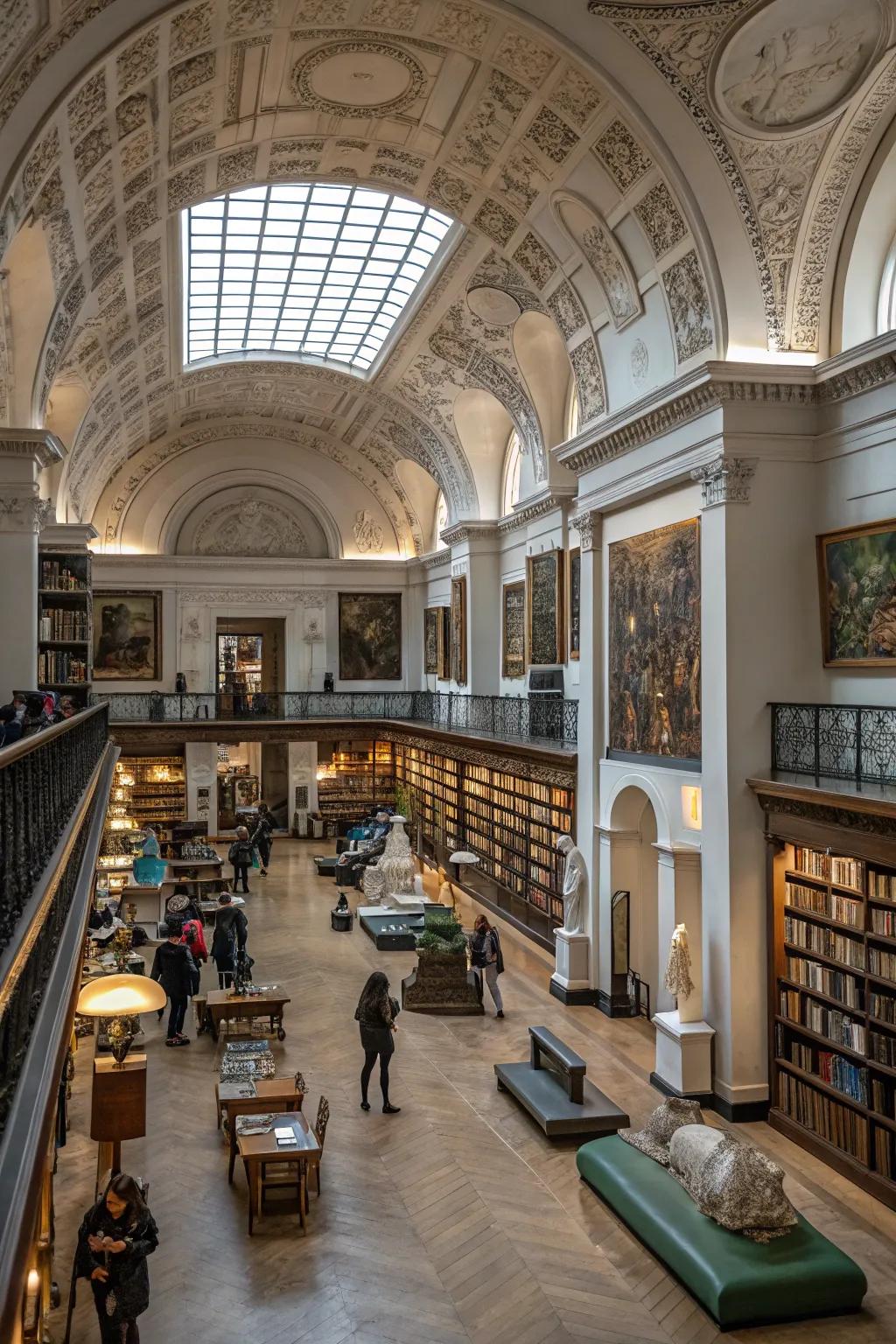 A library elevated by art and sculpture, adding a sophisticated touch.