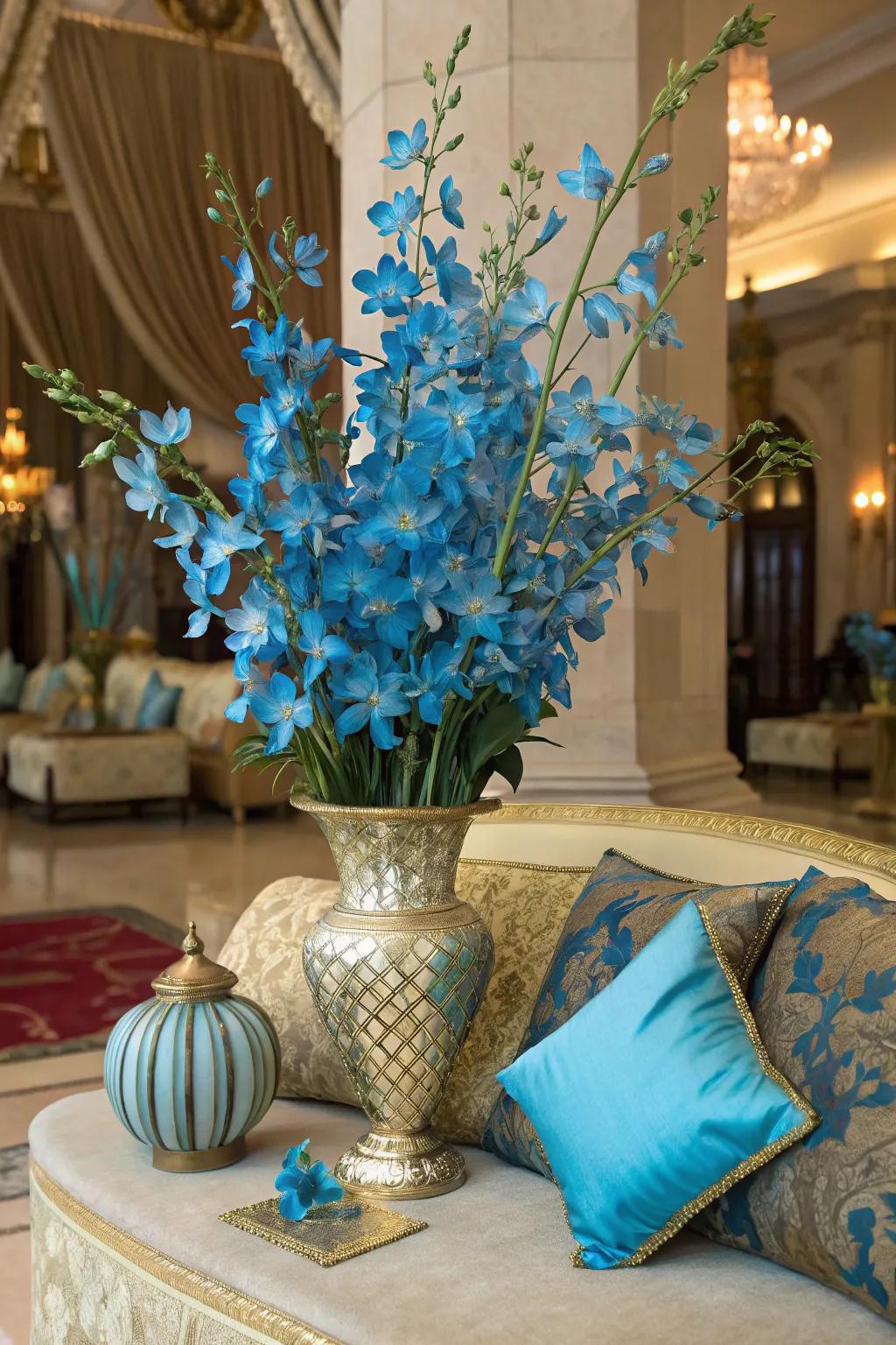 Whimsical touch with blue stickwort orchids.