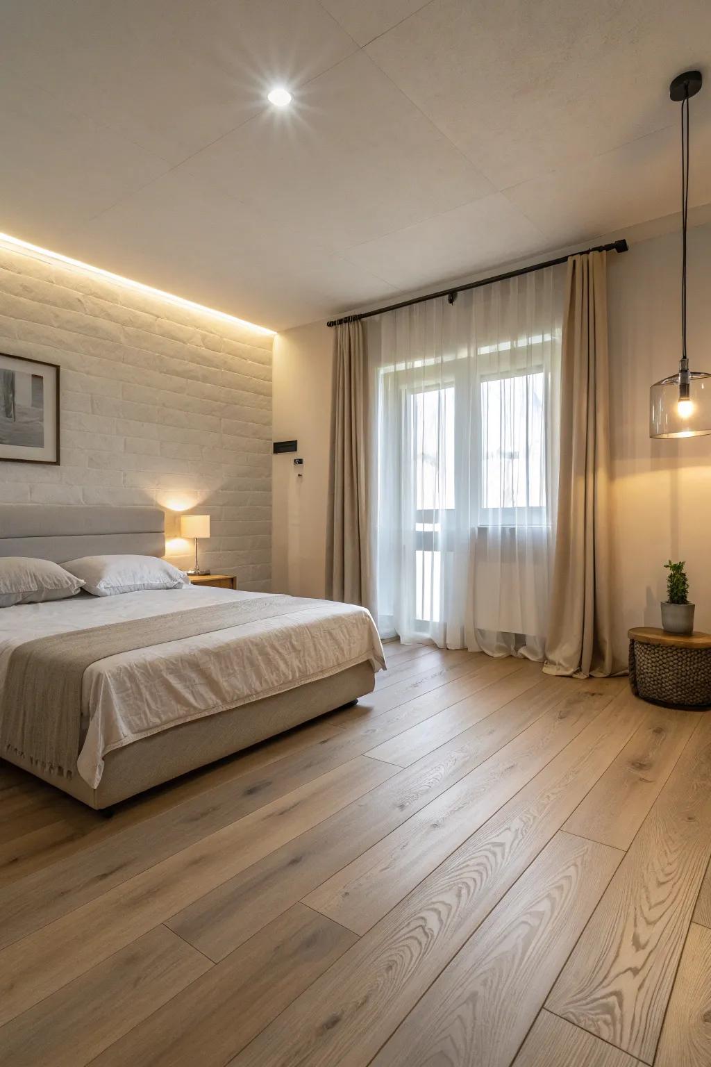 Pale gold ash flooring adds refined simplicity to this minimalist bedroom.