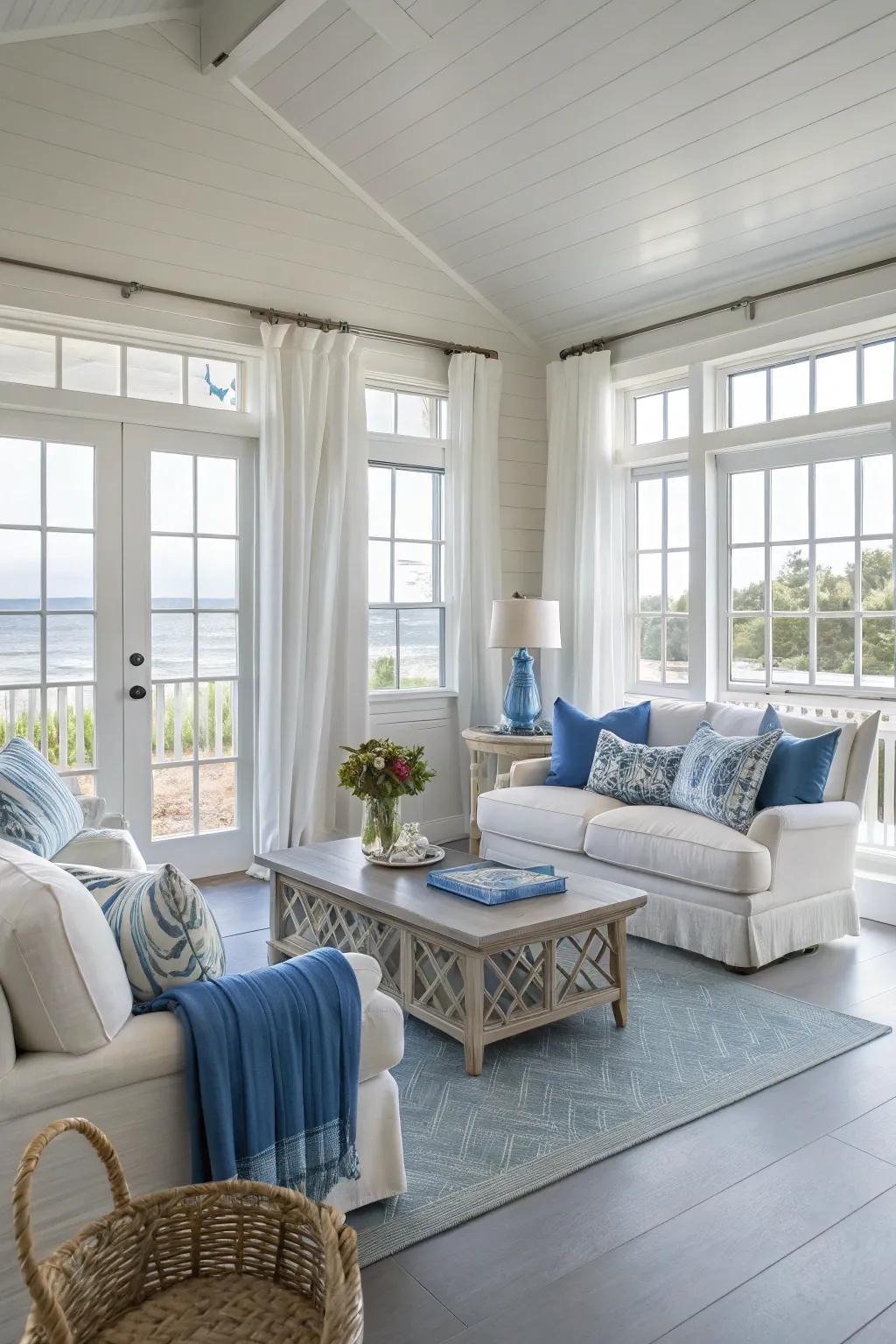 A serene coastal living room featuring light grey flooring.