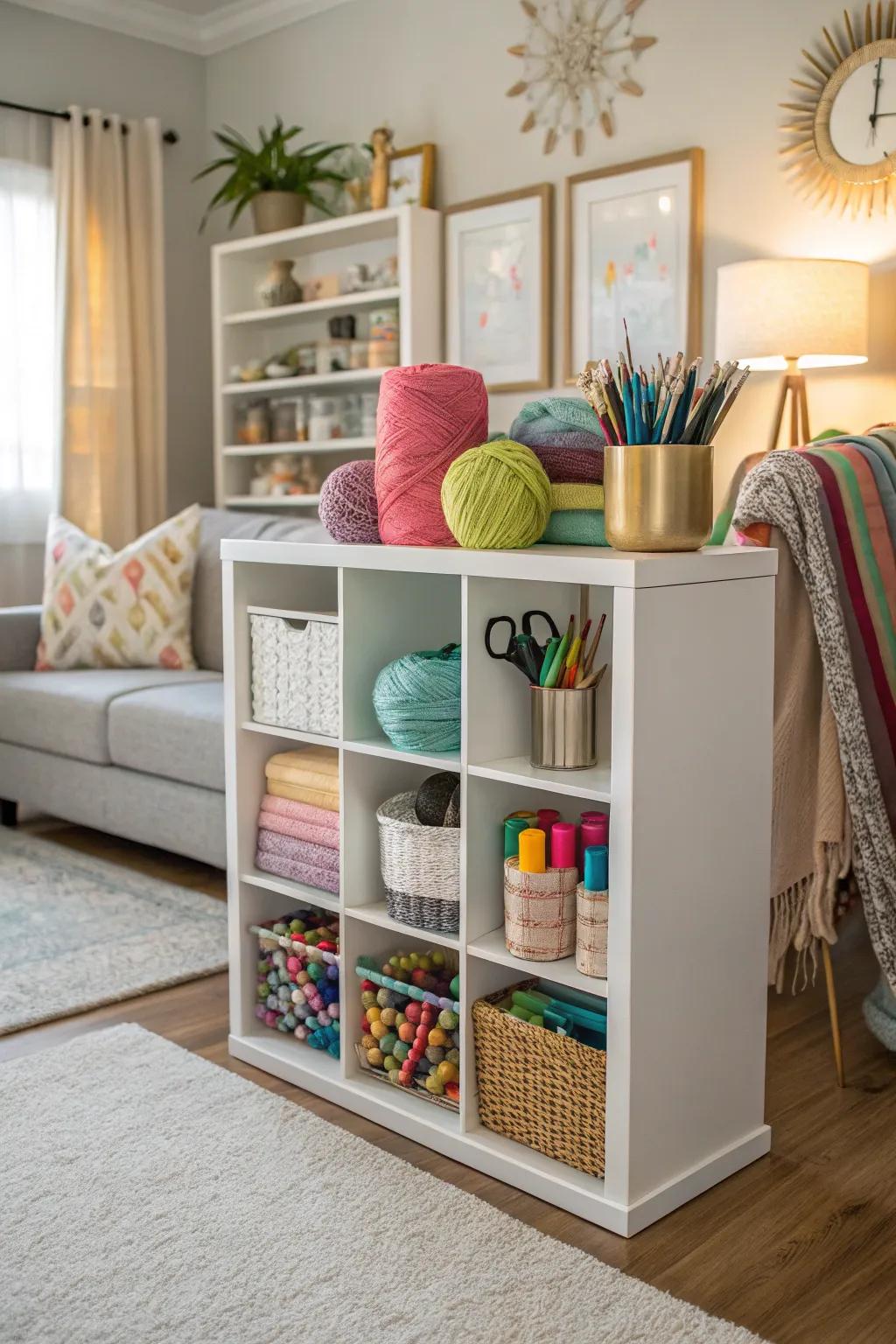 A creative nook organizer utilizing cube storage for neat creativity.